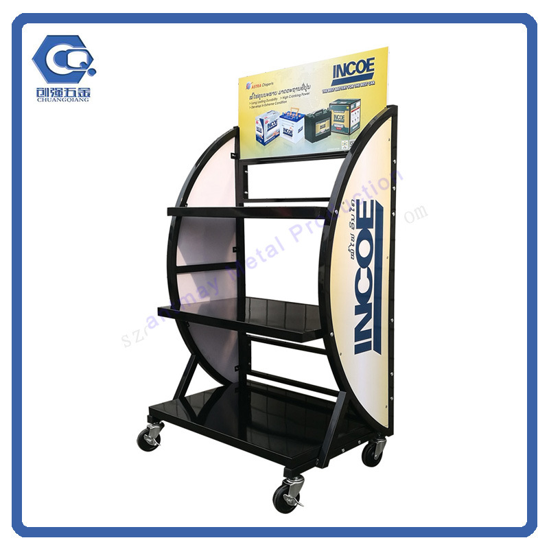 Pratical Floor-Standing Removable Metal Car Battery Display Rack with Wheels