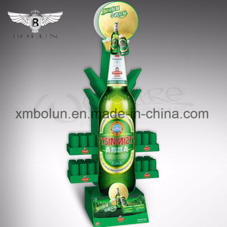 Three Tires Supermarket Cardboard Floor Display Stand for Beer Bottles