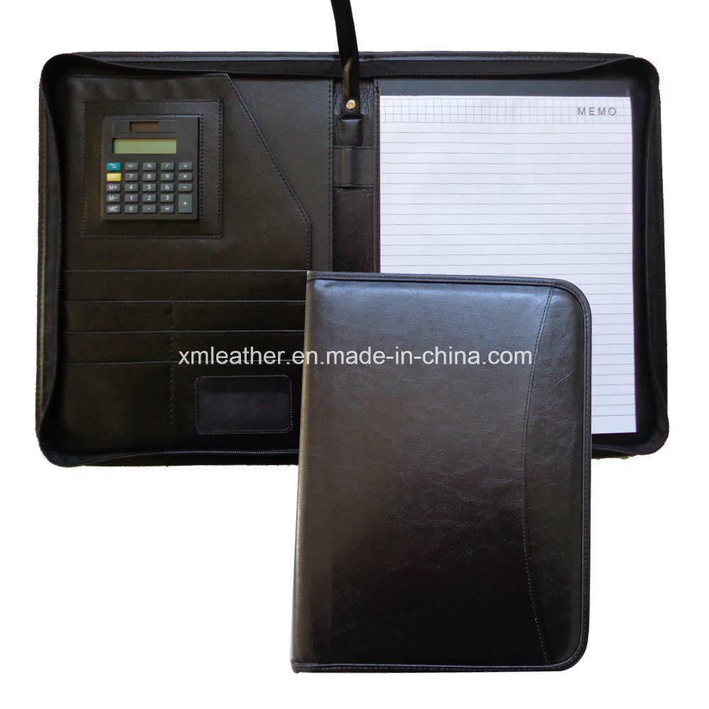 Embossed Black Leather Professional Portfolio with Zip