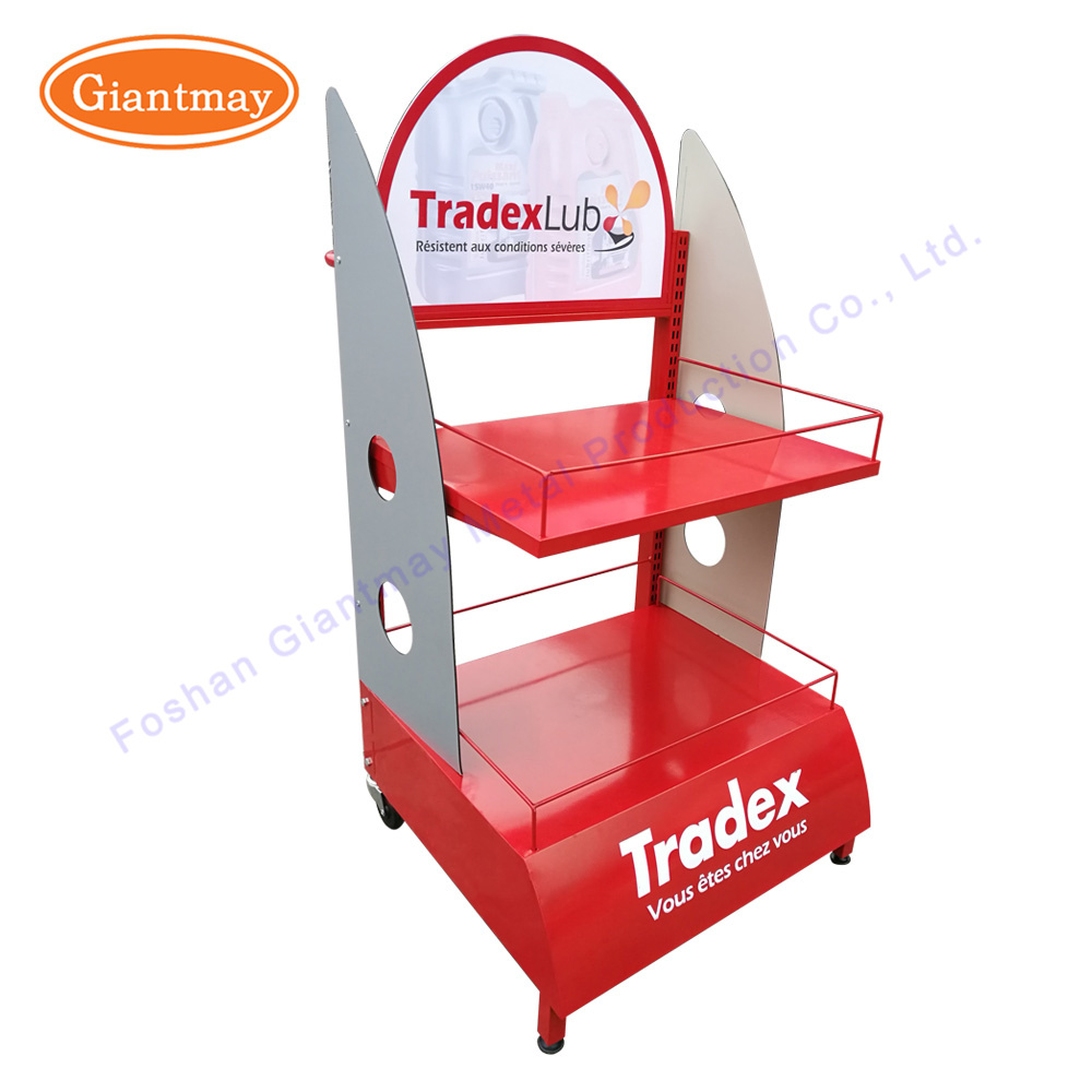 Attractive 2 Tiers Heavy Duty Metal Wholesale Engine Lubricating Oil Display Rack with Wheels