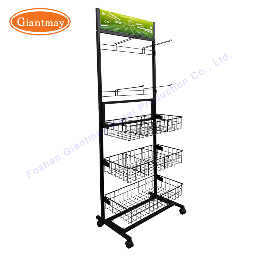 Single Side Exhibition Display Stand Hanging Hook Mesh Wire Grid Wall Rack Shelving with Basket