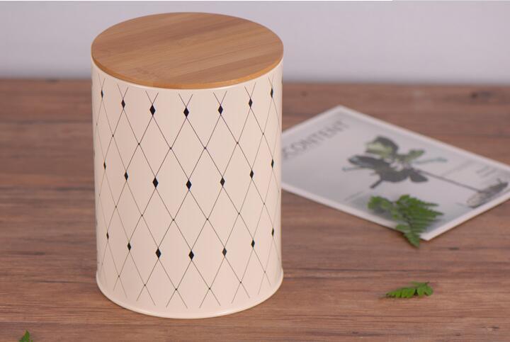 Bamboo Lid Galvanized Round Storage Tin Caddy Canister