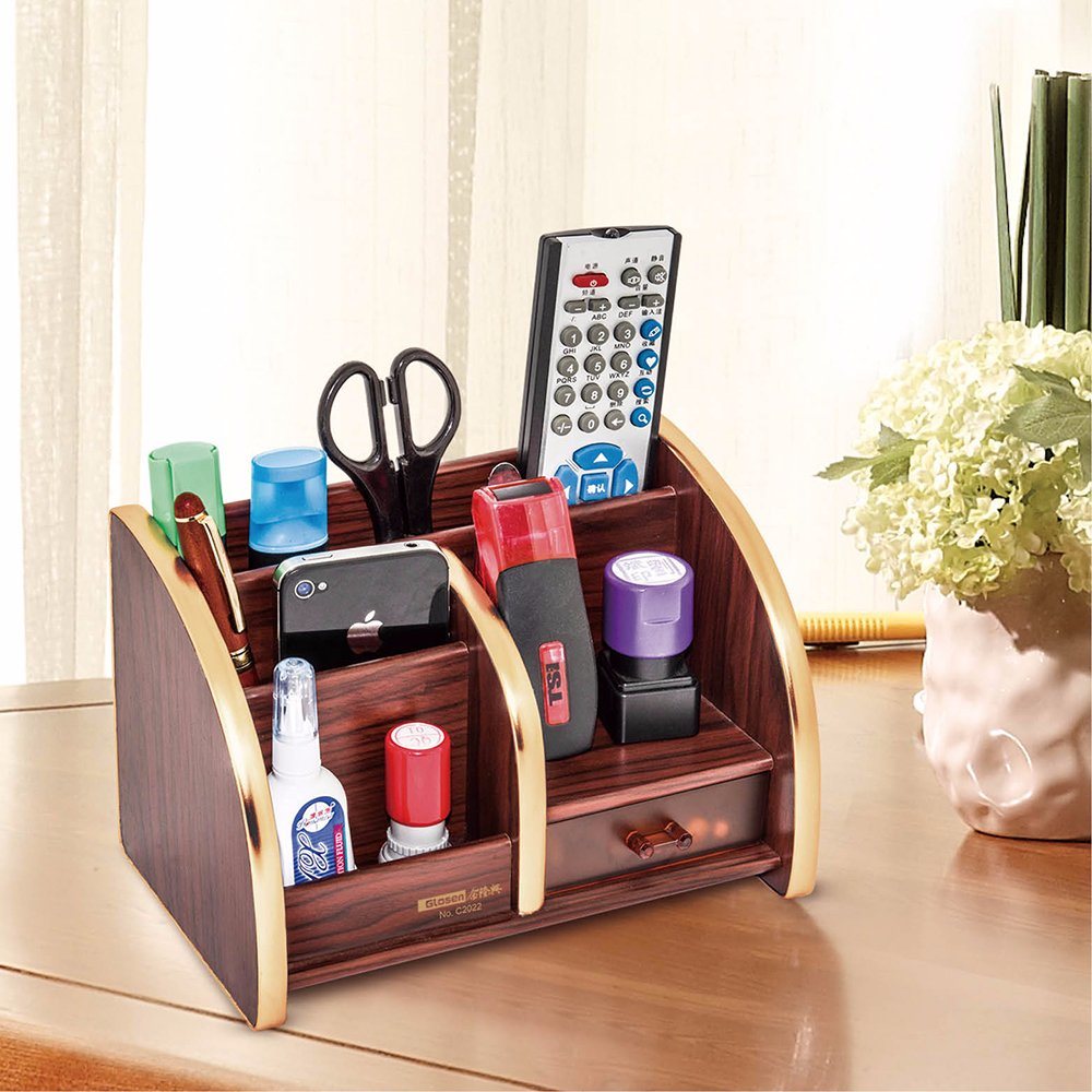 Desktop Wooden with Golden Edge Stationery Storage Holder