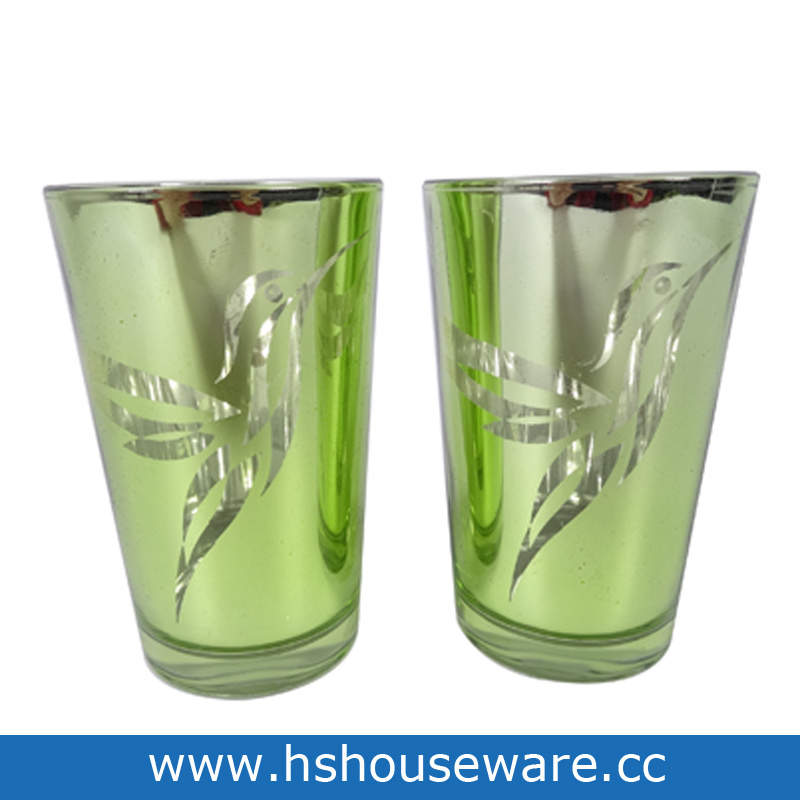 Hummingbird Deisgn Green Glass Candle Holder