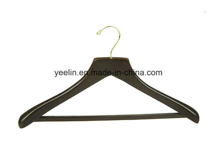 Yeein Hanger Supplier Deluxe Brown Wooden Clothes Hanger with Velvet Bar (YLWD-d5)