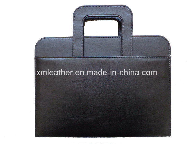 Handle Business Black Leather Briefcase Folio with Multi Pocketsn