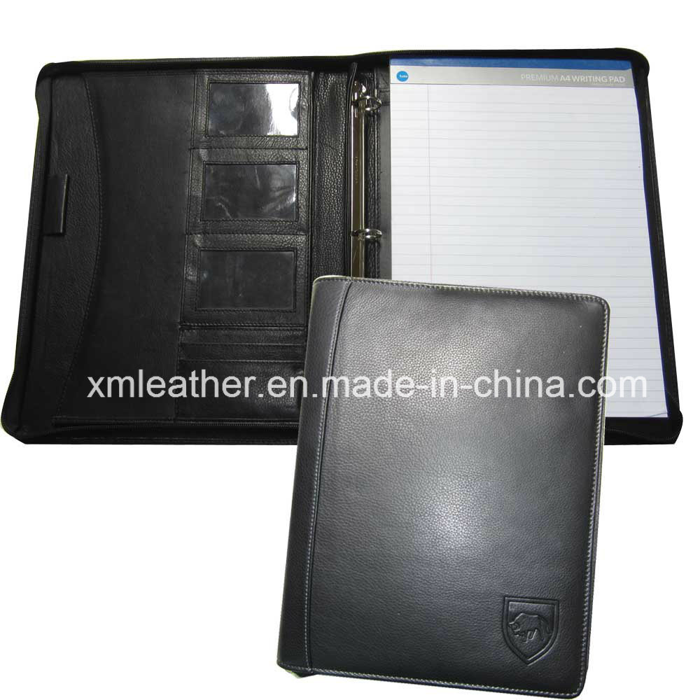 Personal Black Leather Ring Binder Folder with Zip Around