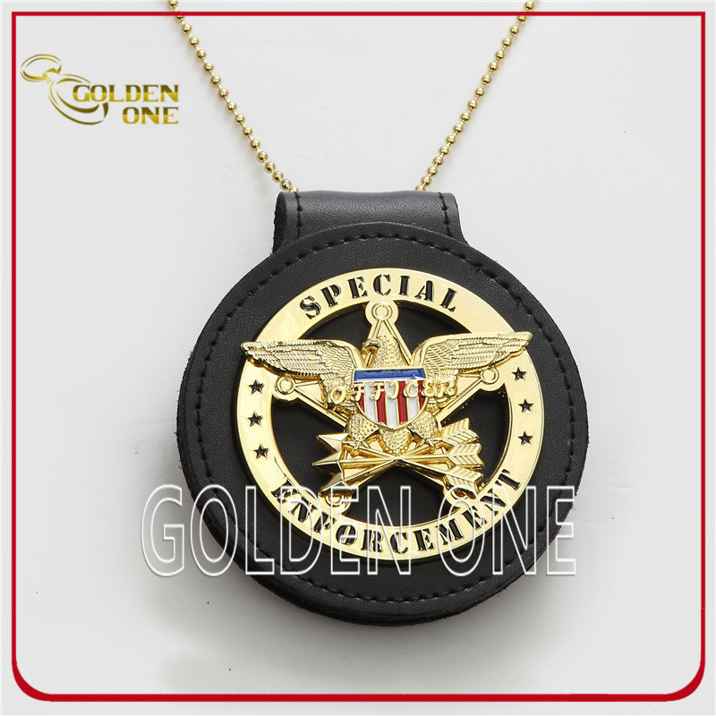 Gold Plated Custom Metal Marshal Badge with Genuine Leather Holder