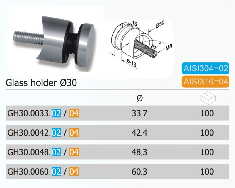 30mm Stainless Steel 304 or 316 Glass Holder (GH30.02/04)