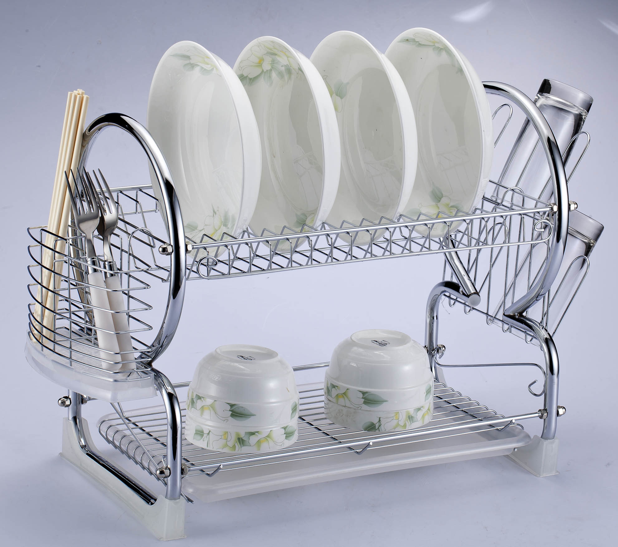 Chrome-Plated Steel 2-Tier Dish Rack with Drainboard / Cutlery Cup