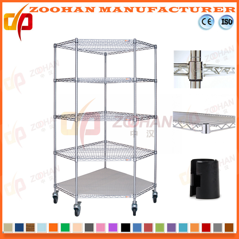 Adjustable House Office Corner Storage Wire Shelving Rack with Wheels (Zhw65)