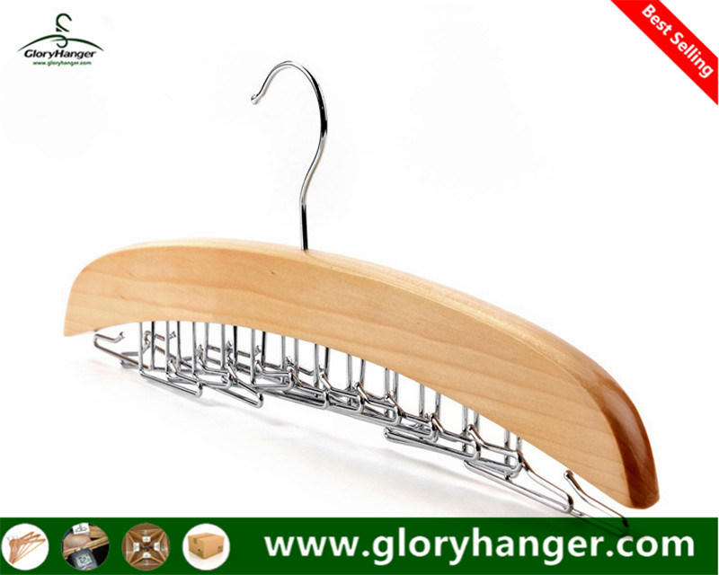 Wooden Tie Hanger with 24 Folded Metal Hook