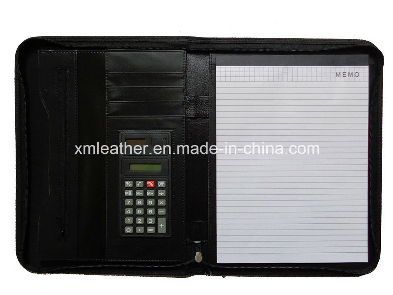 Black Business Leather Document Folder with Calculator