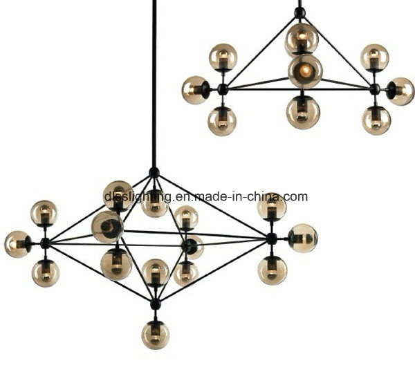 Amber Glass Ball Black Metal LED Modern Chandelier