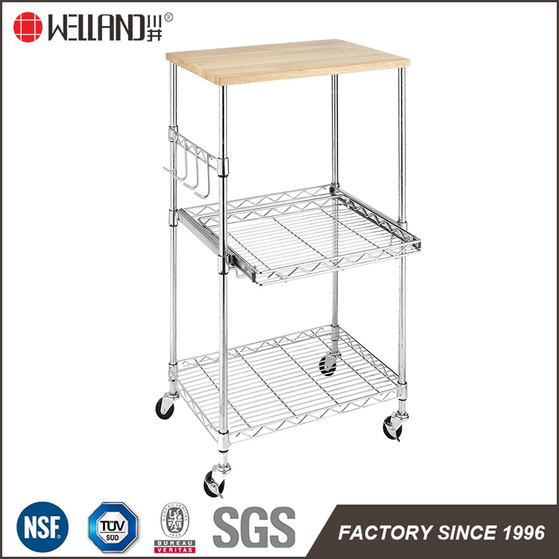 Rolling 3 Tiers Chrome Metal Kitchen Island Trolley Cart with MDF Board