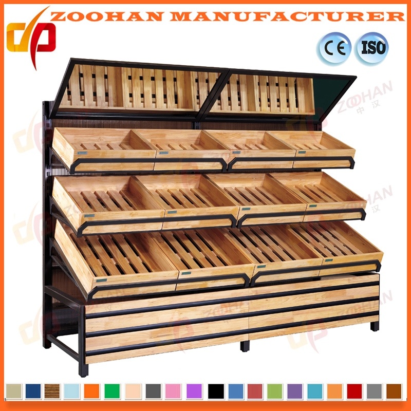 Wooden Slanted Supermarket Fruit Vegetables Shelving Display Rack Units (Zhv56)