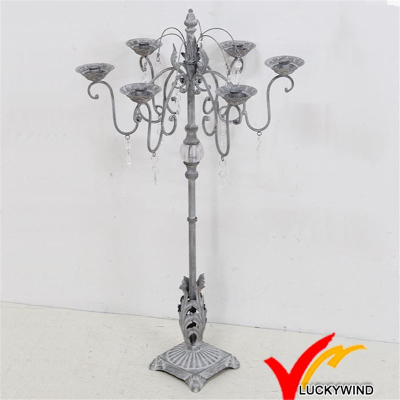 Rustic Grey Antique Metal Candelabra with Crystal Decoration