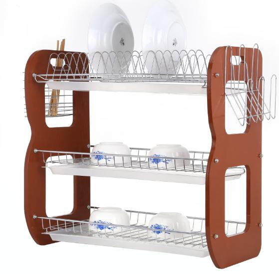 Three Layer B Shape Metal Wire Kitchen Wooden Dish Rack (JP-DR22318)