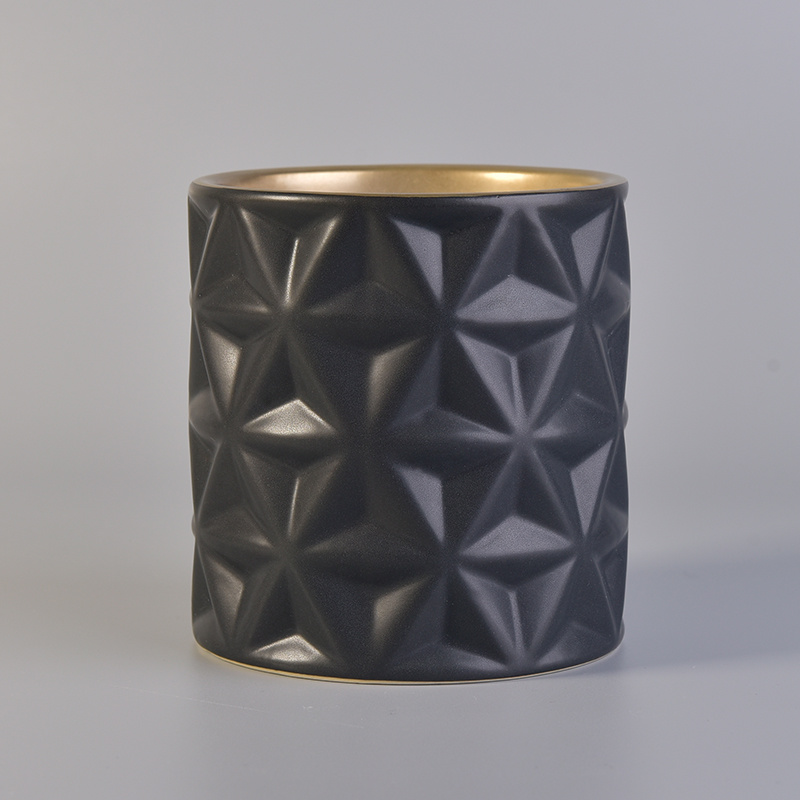 Embossed Flower Design Matt Black Ceramic Candle Holders