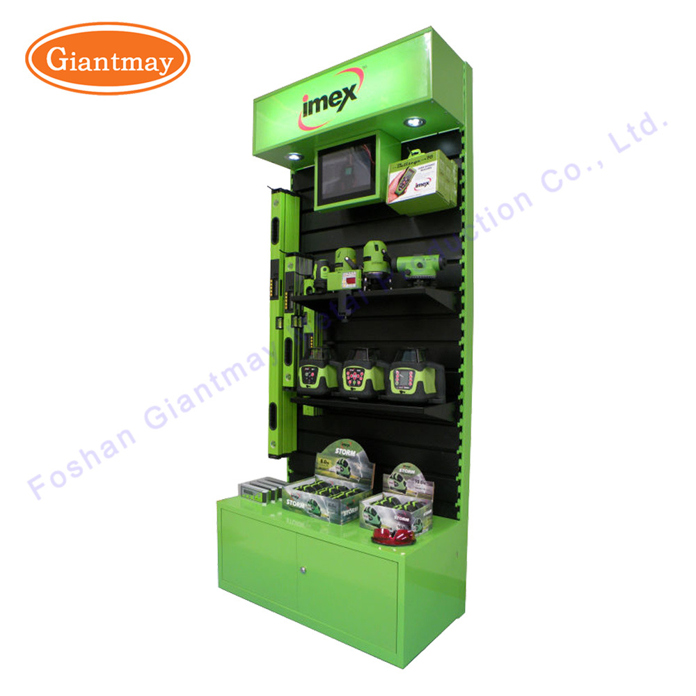 Heavy Duty Metal Display Unit Colored Shelves for Tools with LCD TV Screen