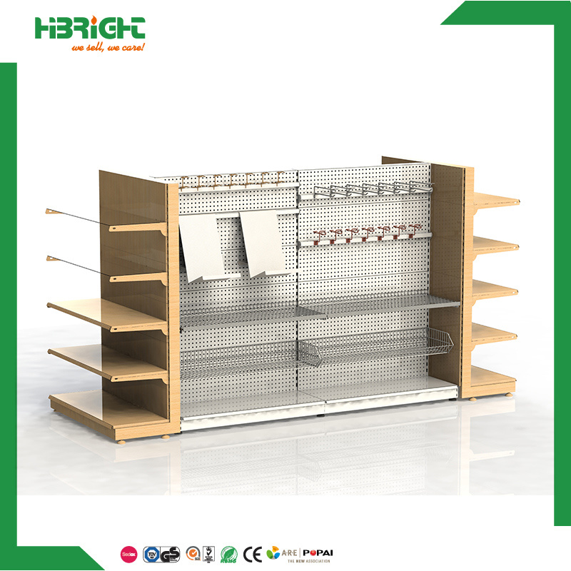 Graining Double Sided Supermarket Gondola Shelving with Hooks