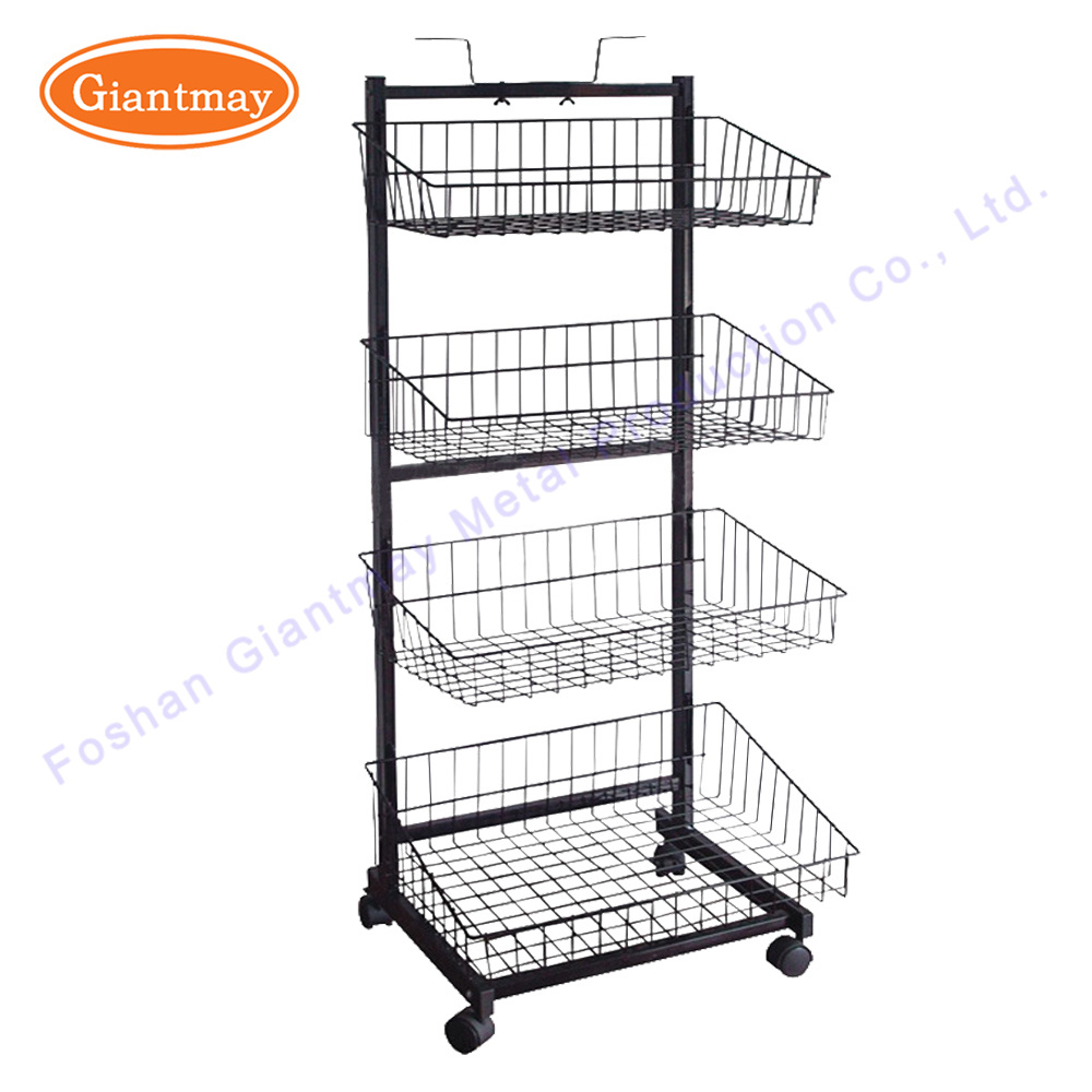 4 Tiers Free Standing Metal Wire Storage Basket Display Racks with Wheels