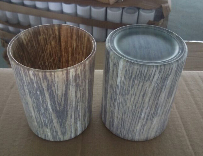 Glass Candle Holder with Wood Grain Transfer Printing