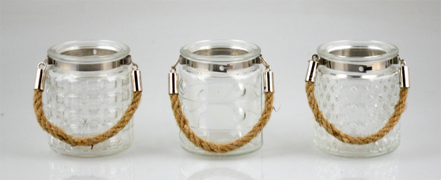 2015 High Quality Glass Candle Holder with Jute Rope Handle