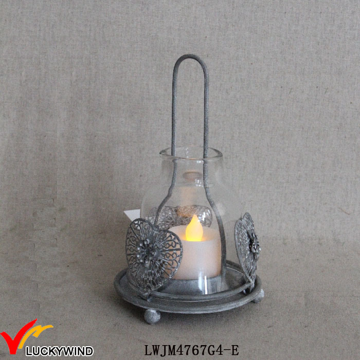 Beautiful Gray Vintage Iron Candle Holder with Hurricane Glass