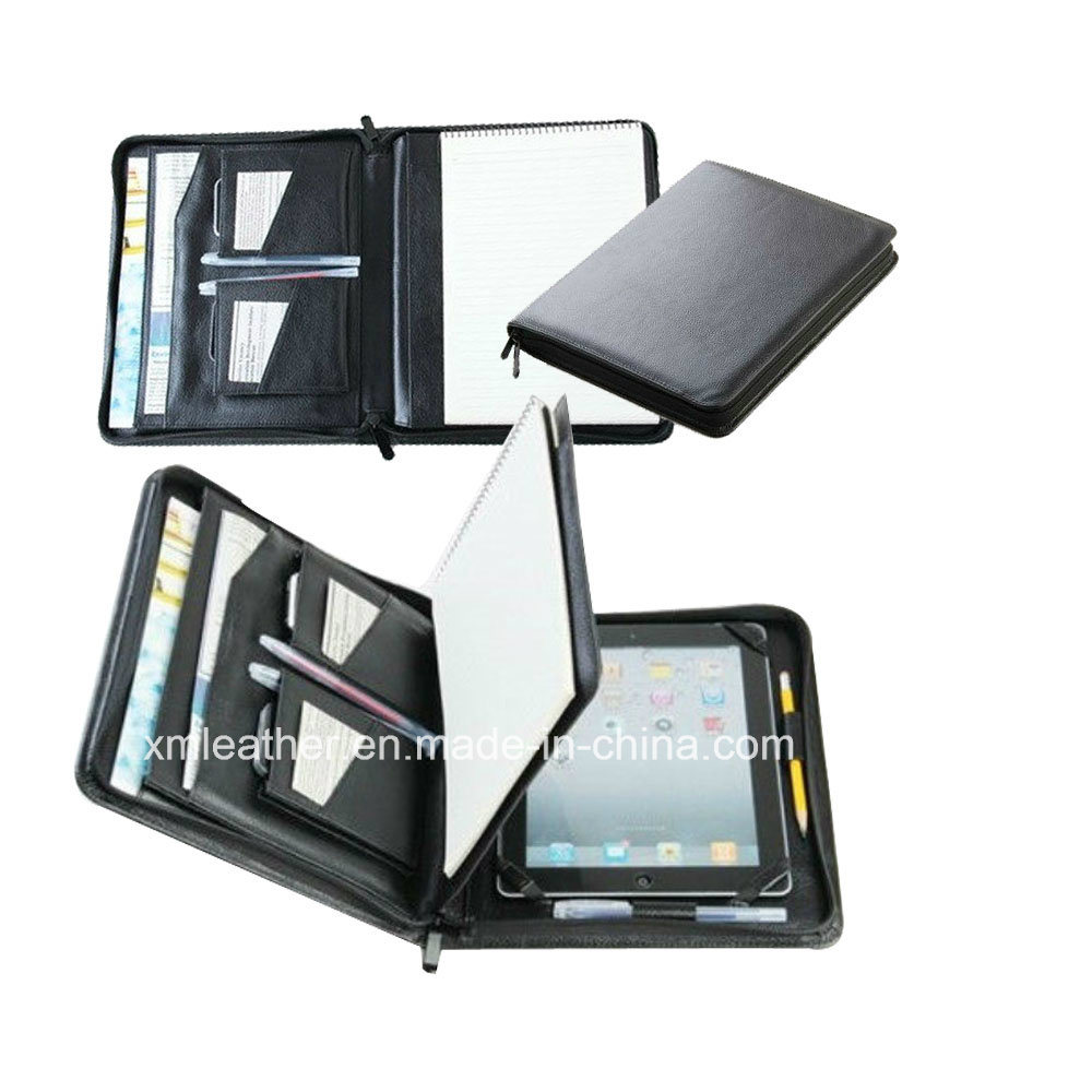 Custom Design A4 Zipper Leather Padfolio with Pad Holder