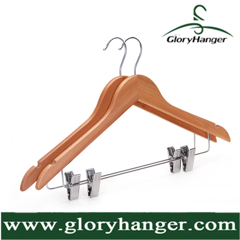 Wood Coat Hanger with Metal Clips