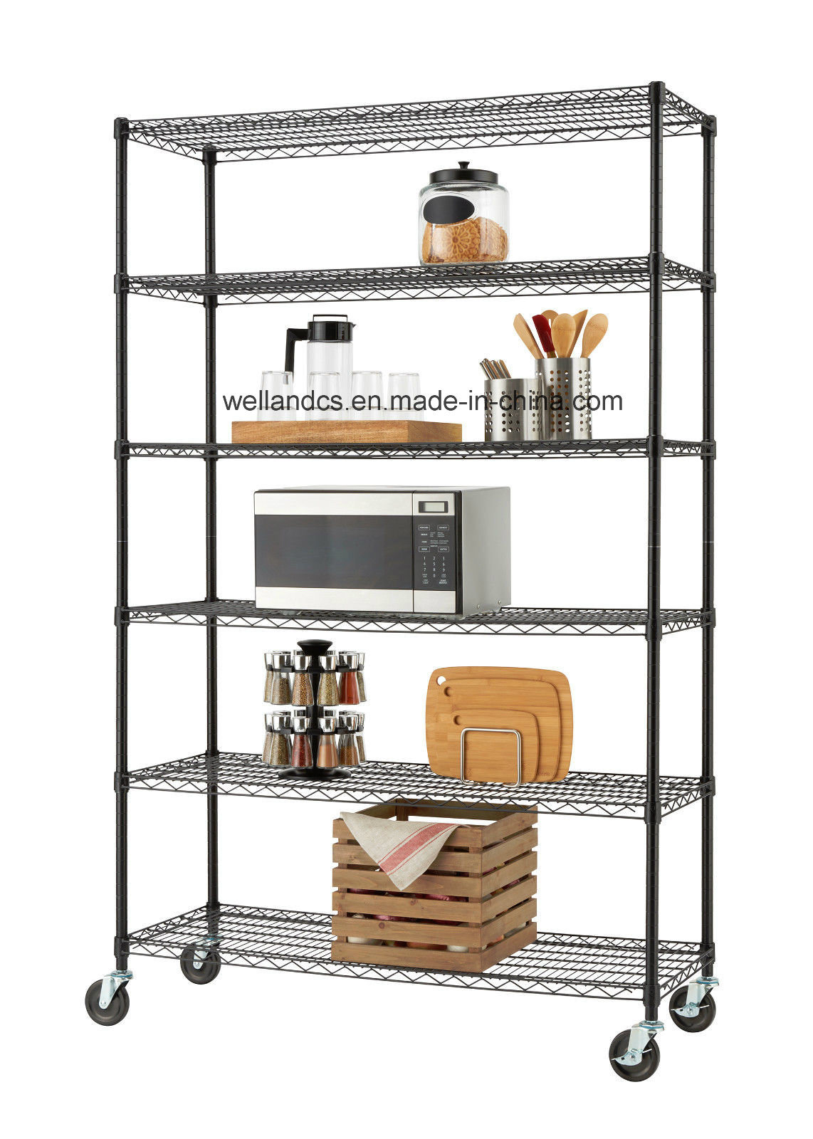 Mobile 6 Shelf Heavy Duty Industrial Kitchen Equipment Metal Storage Wire Rack 1200 X 450 X 1800