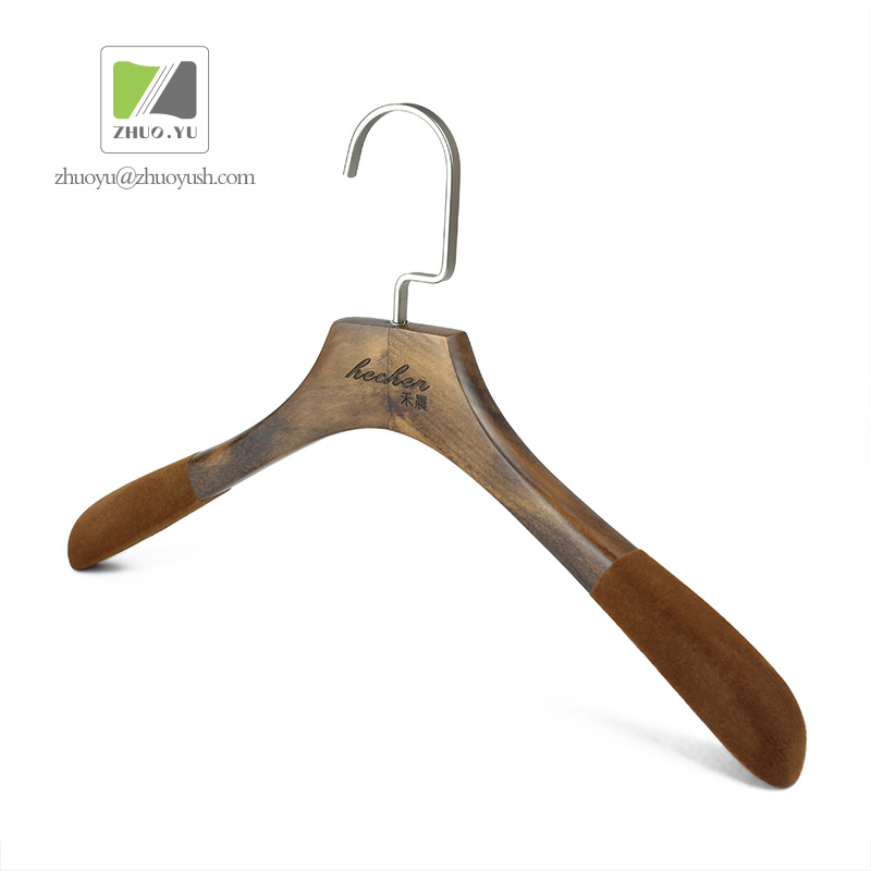 Brown Velvet Wooden Shirt / Clothing Hanger with Nickel Flat-Square Hook