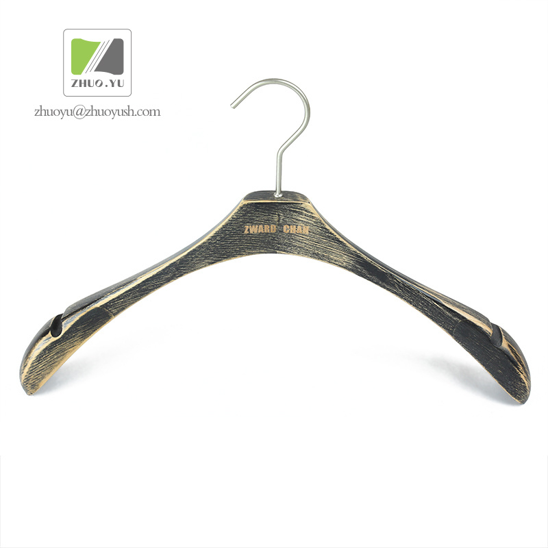 Custom Antique Black Wooden Coat Hanger with Anti-Slip Groove