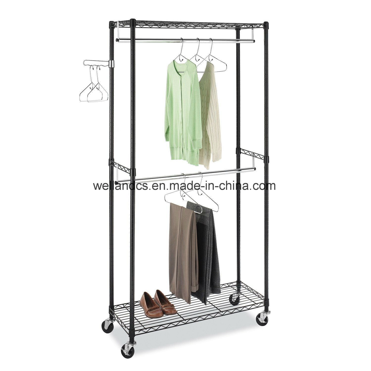 Supreme 2 Tiers Black Epoxy Coated Garment Rack with Chrome Steel Double Rod Hanger