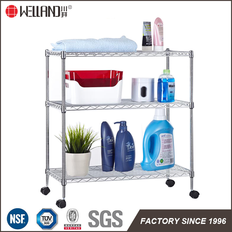 Adjustable Chrome Metal Bath Room Wire Shelf Rack with Nylon Wheel