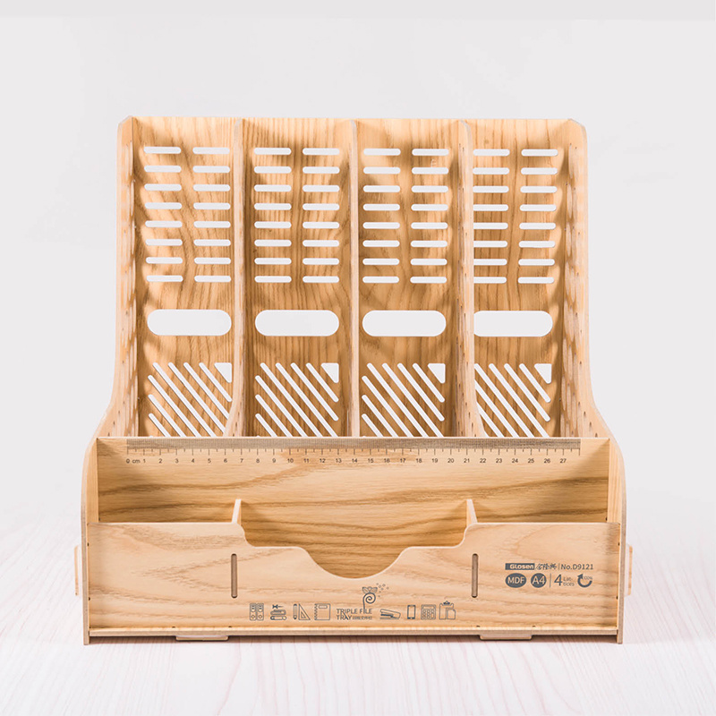 Wooden DIY Desktop Office Stationery Organizer with 4 Columns Tray