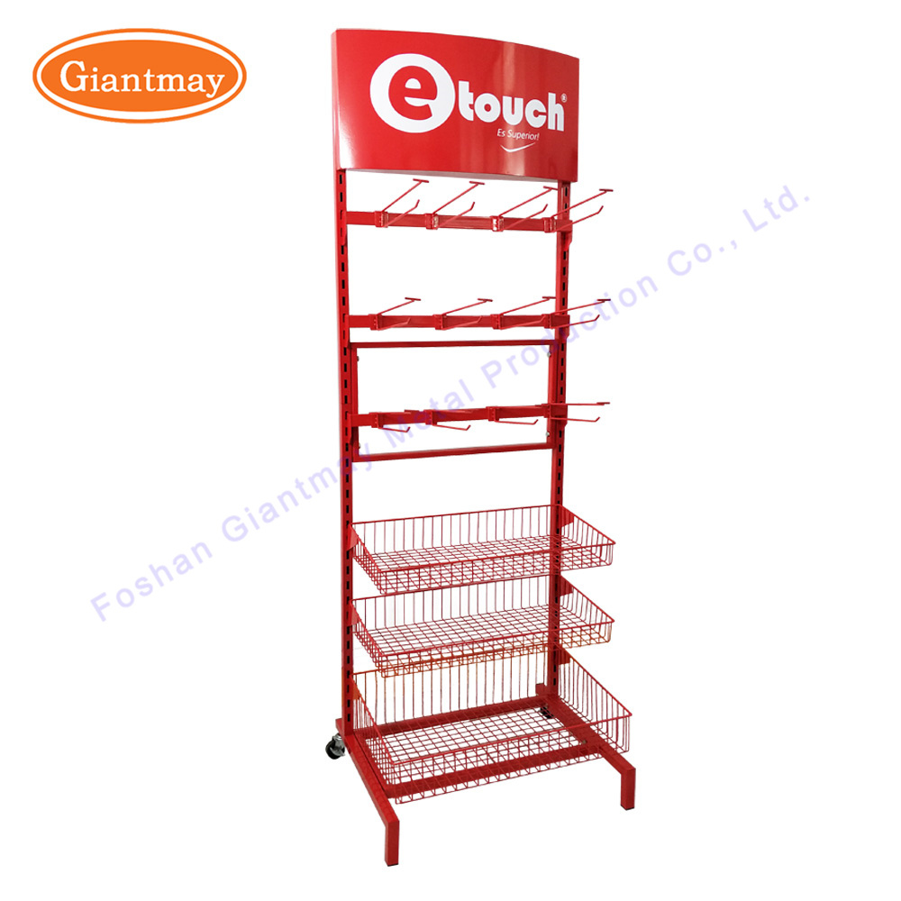 Floor Standing Metal Wire Store Supermarket Display Racks with Hooks and Baskets