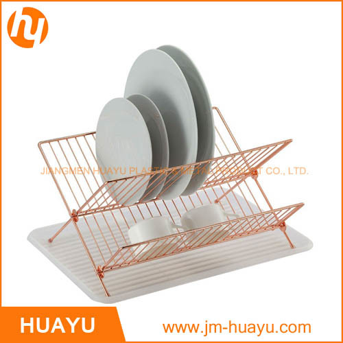 Foldable Gold Copper X Shape 2-Tier Steel Shelf Small Dish Rack with Drainboard