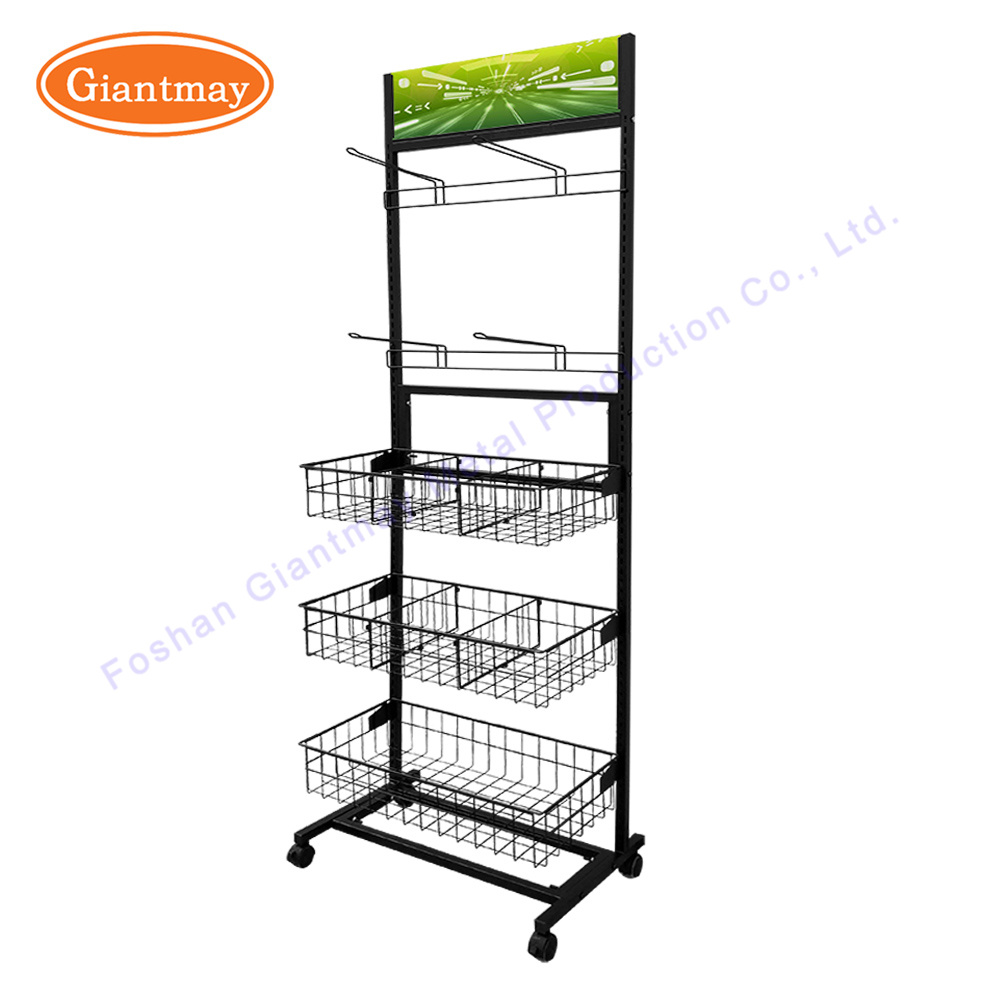 Supermarket Portable Snack Chips Food Hanging Hook Metal Floor Standing Wire Storage Basket Display Stand with Wheels