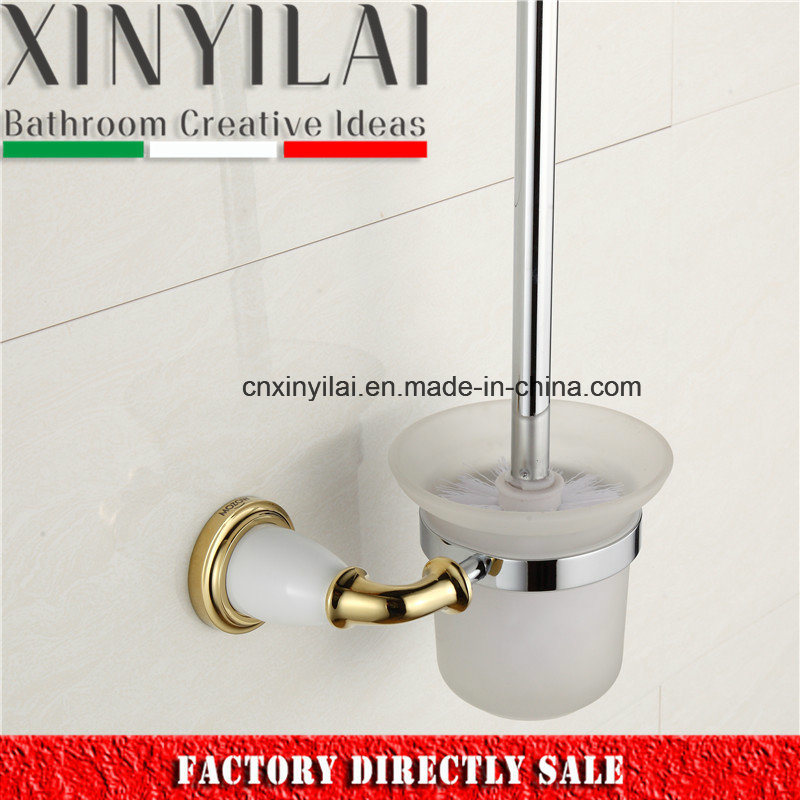 Gold Luxury Chrome Toilet Brush Holder with Glass Tumbler