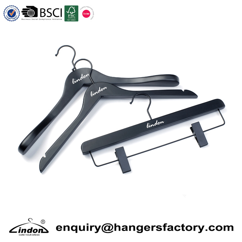 Audited Supplier Custom Brand Logo Matt Black Wooden Clothes Hangers