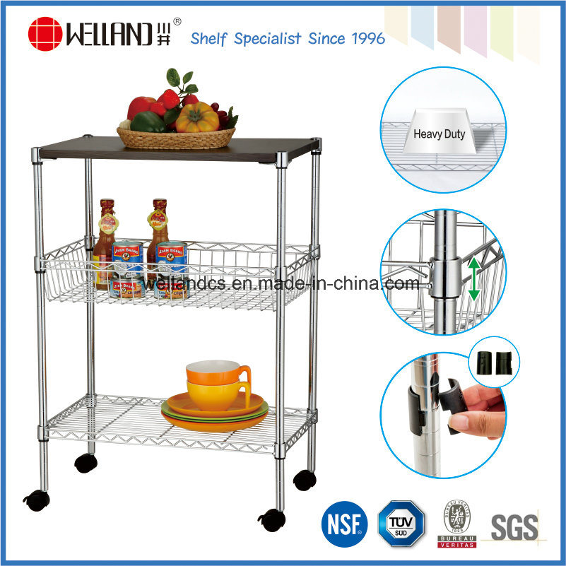 3 Tiers Chrome Metal Wire Kitchen Cart with MDF Board