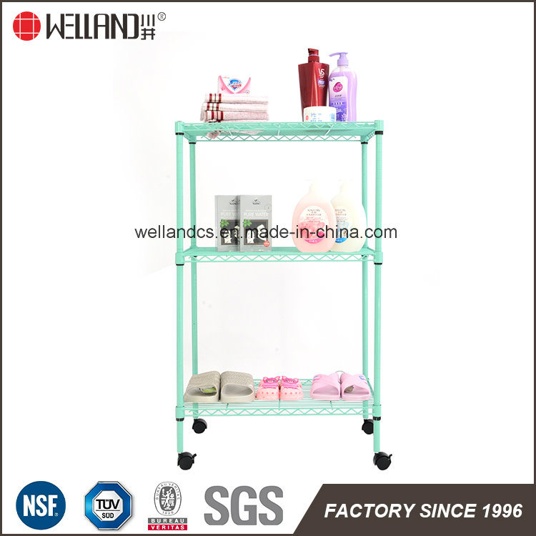 Powder Coated in Mintcream 3 Shelf Metal Wire Rack Trolley Cart for Home Bathroom Storage