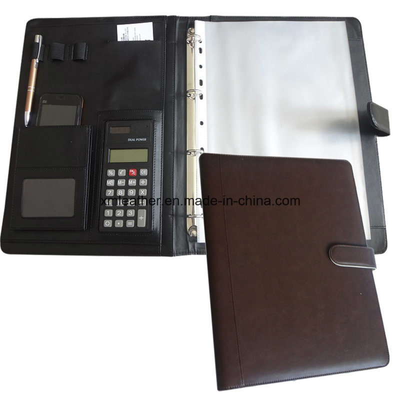 Fastener Closure PU Leather Ring Binder File Padfolio with Calculator