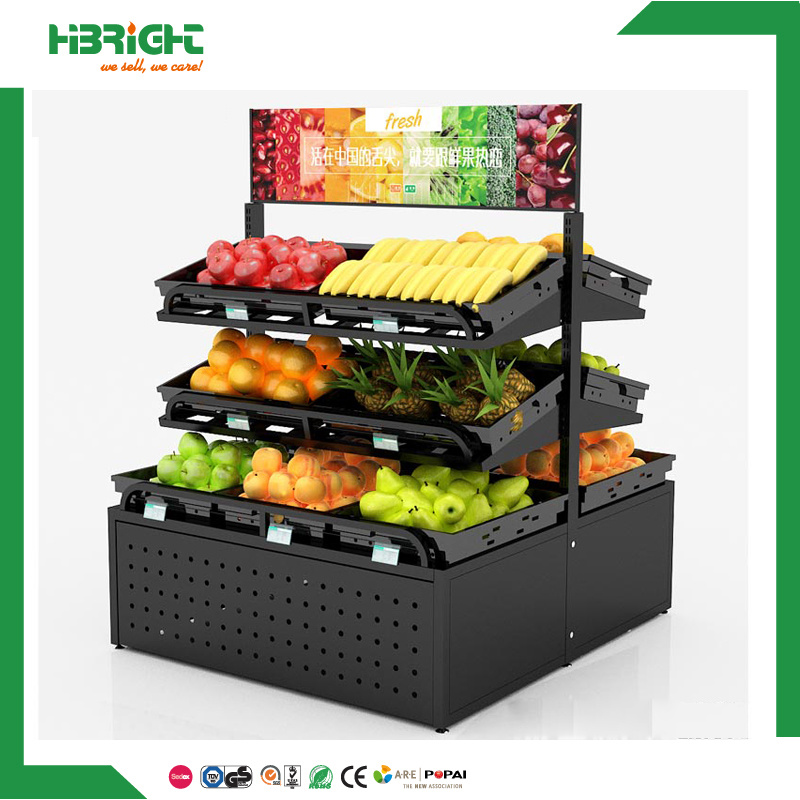 Double Sided Hypermarket Wood Fruit Display Shelf