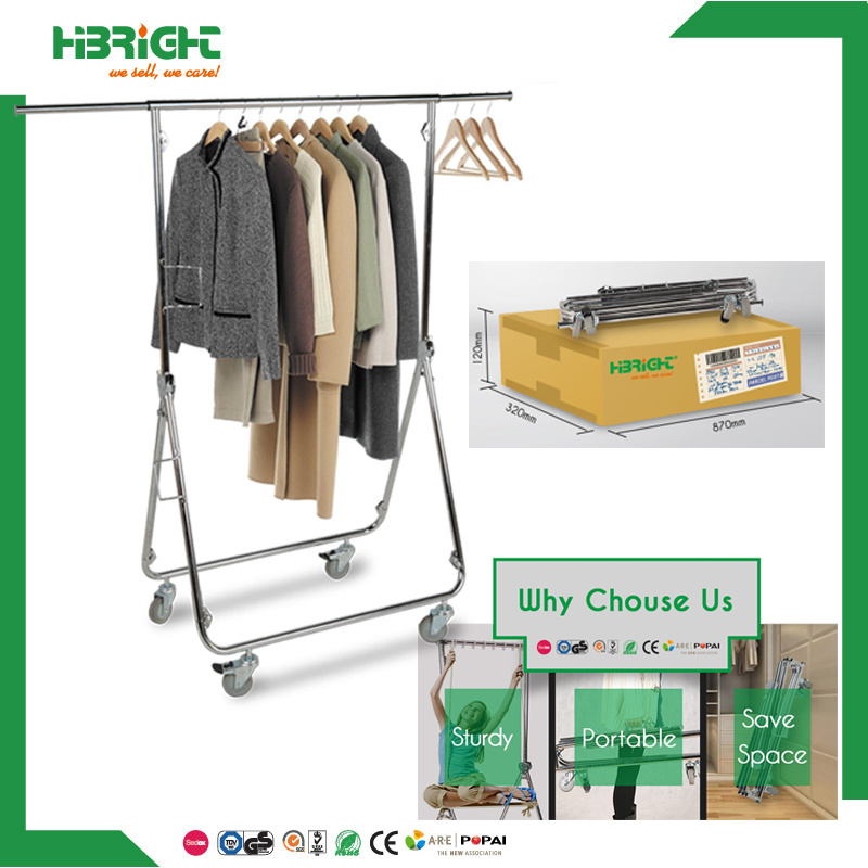 Folding Clothes Rail Single Garment Rack with 4 Wheels