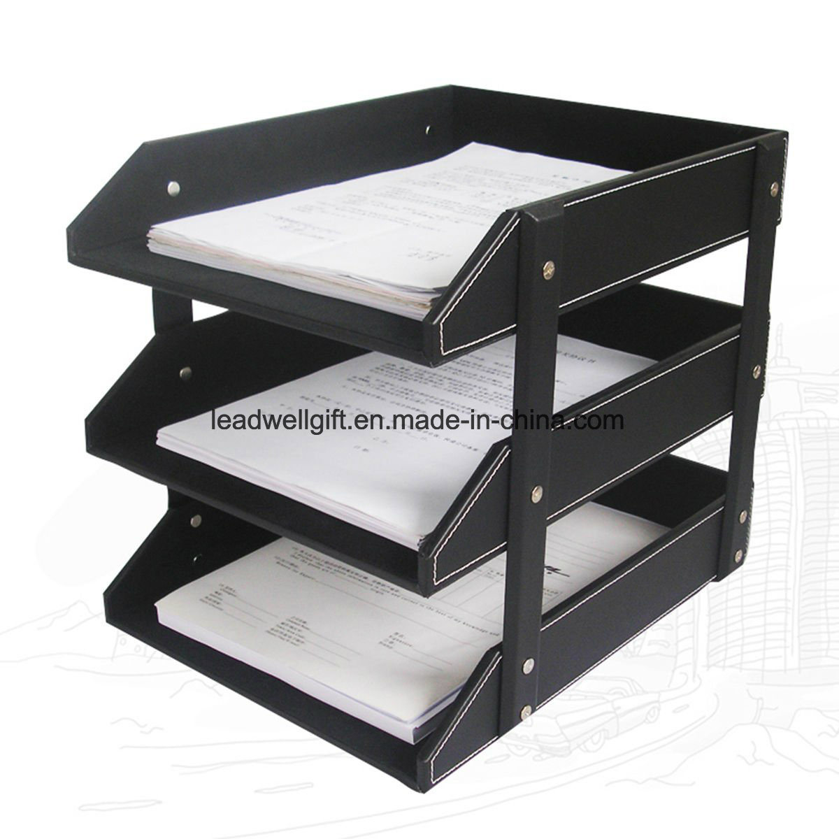 Leather Office File Document Tray Case Rack Desk Organizer Holder