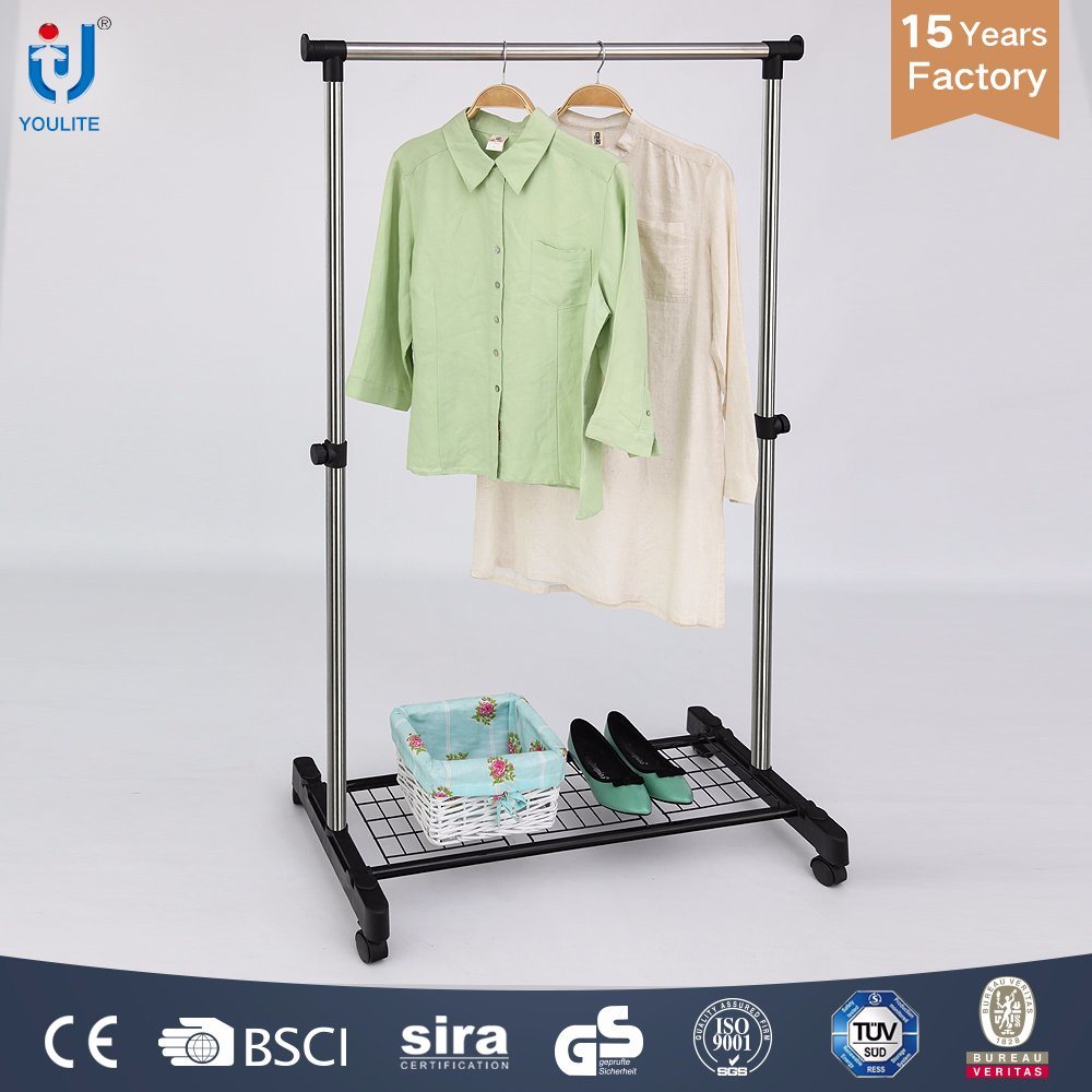 Extendable Stainless Steel Single Rod Clothes Hanger with Mesh Metal Clothes Rack