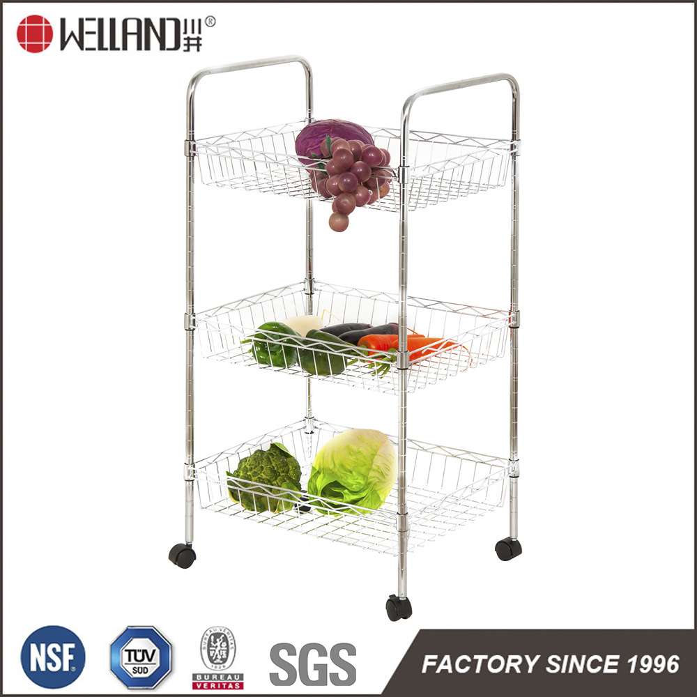 DIY Chrome Kitchen Metal Wire Basket Trolley Rack with Nylon Wheels